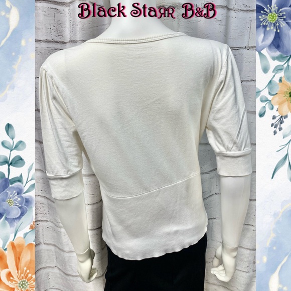 White cotton half button down 3/4” sleeve sweater cardigan by Paraphrase. Sz Sm - Picture 3 of 8